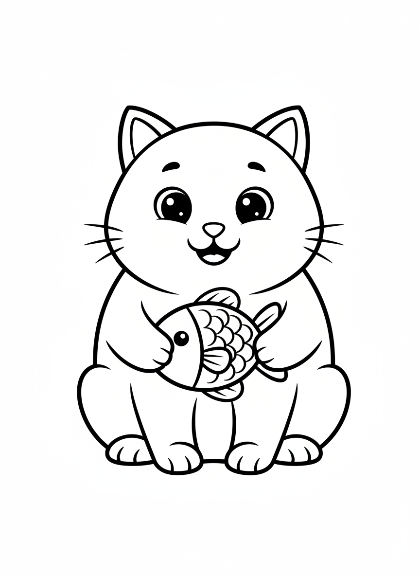 Page de Coloriage de Chat Cartoon Mignon avec Jouet Poisson pour Enfants - Chat Coloriage avec Enfants et Mignon - Dessin au Trait Gratuit Imprimable