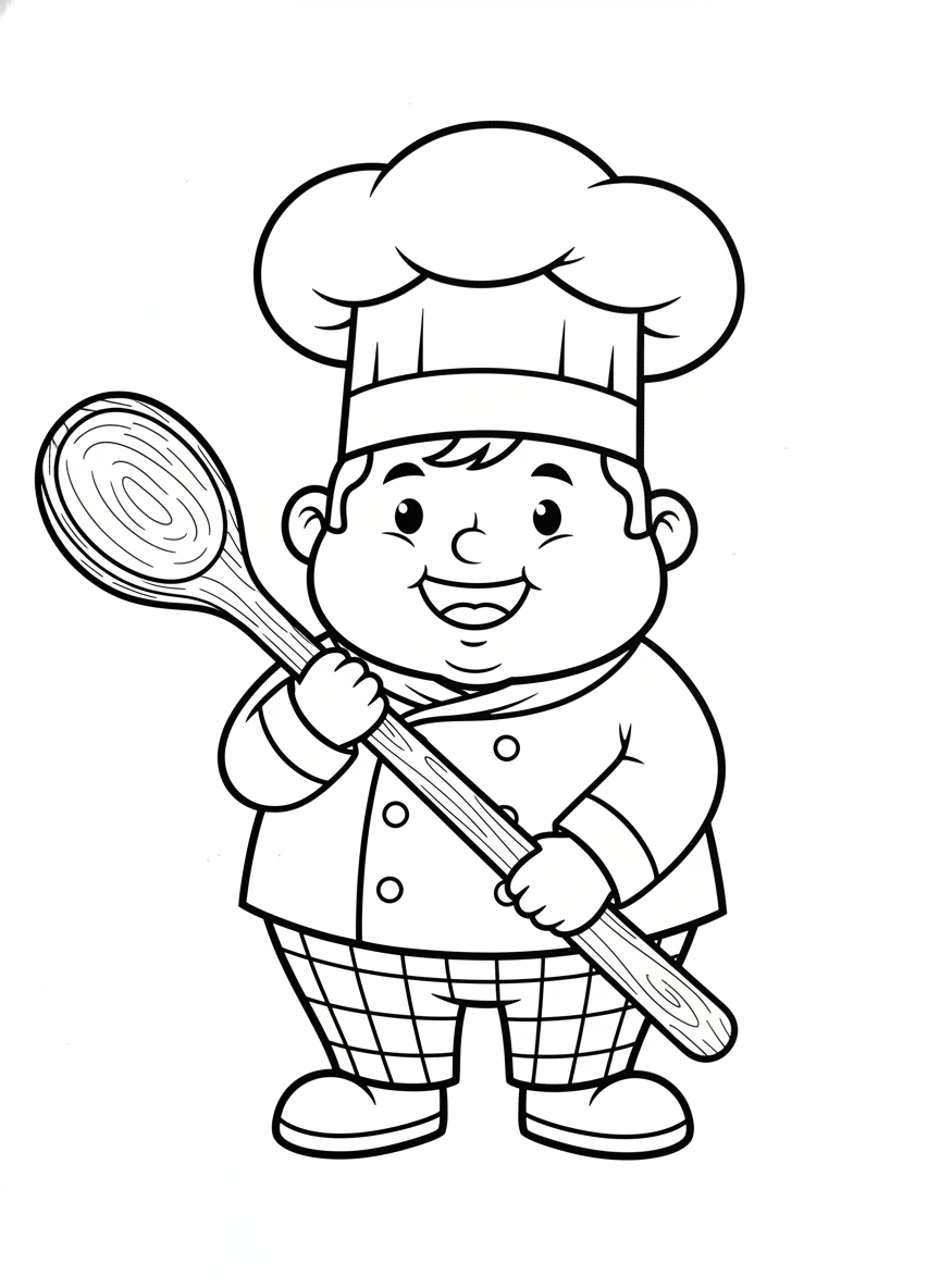 Cute Cartoon Chef with Giant Spoon Coloring Page for Kids - Occupation Coloring Page featuring Children and Cute - Free Printable Outline Drawing for Kids