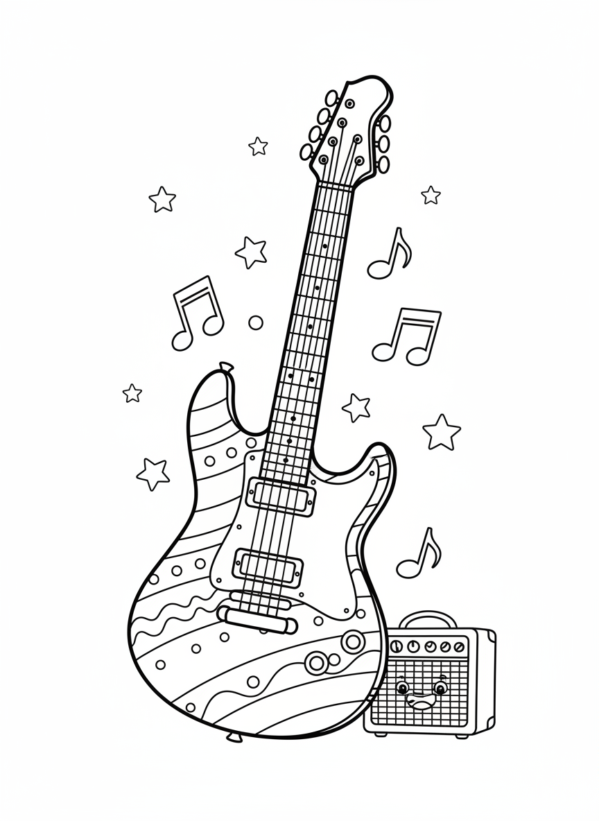 Cute Cartoon Electric Guitar Coloring Page - Musical Instrument Coloring Page featuring Children and Cute - Free Printable Outline Drawing for Kids