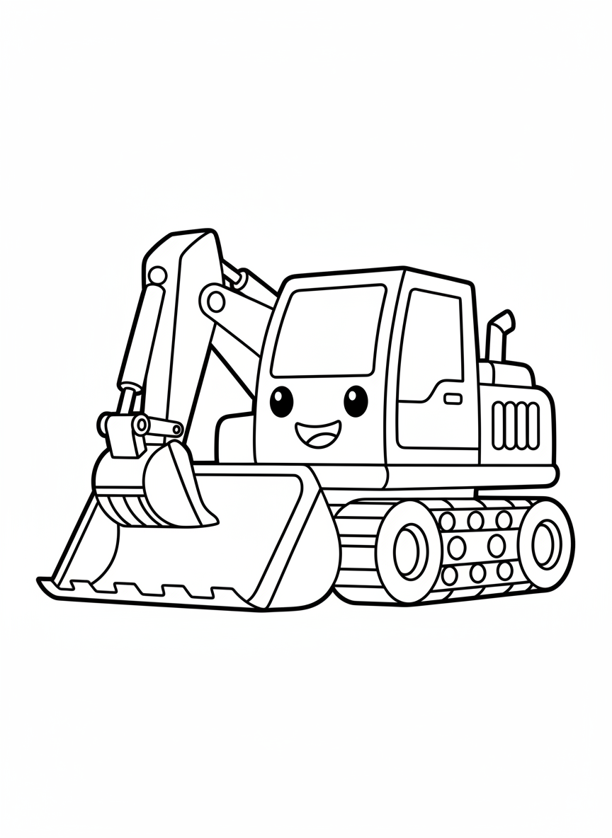 Cute Cartoon Excavator Coloring Page for Kids - Simple Construction Fun - Construction Vehicle Coloring Page featuring Cute and Kids - Free Printable Outline Drawing for Kids