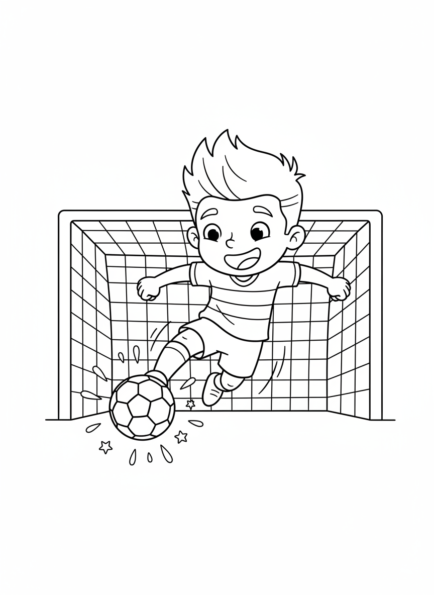 Cute Cartoon Football Player Kicking Soccer Ball Coloring Page for Kids - Sports Player Coloring Page featuring Children and Cute - Free Printable Outline Drawing for Kids