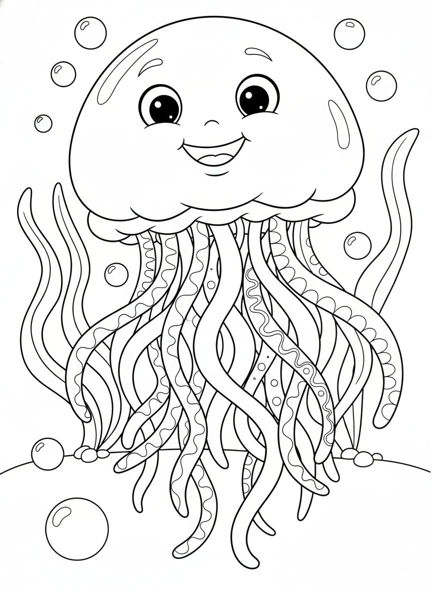 Cute Cartoon Jellyfish Coloring Page for Kids 5-8 - Ocean Animal Coloring Page featuring Cute and Ocean Life - Free Printable Outline Drawing for Kids