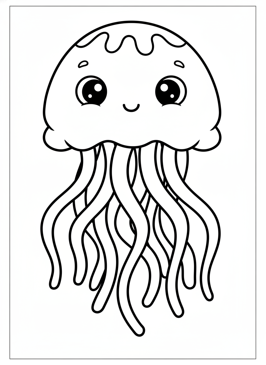 Cute Cartoon Jellyfish Coloring Page for Kids - Ocean Animal Coloring Page featuring Ocean and Cute - Free Printable Outline Drawing for Kids