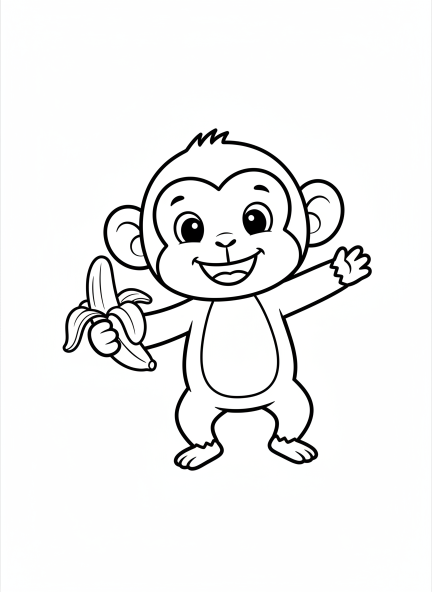 Página de Colorir Macaco Cartoon Fofo com Banana - Macaco Desenho para Colorir com Fácil de Colorir e Crianças - Desenho de Contorno Grátis Imprimível