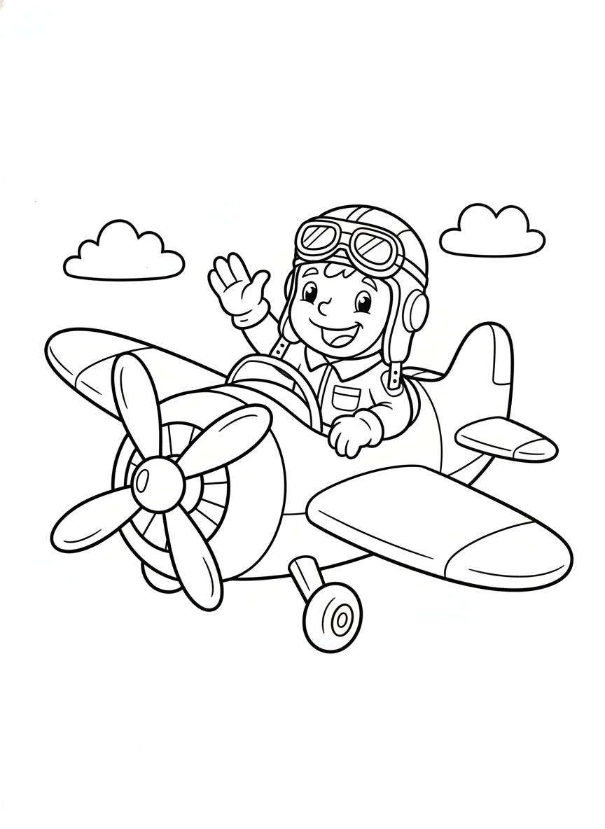 Cute Cartoon Pilot in Airplane Coloring Page - Airplane Coloring Page featuring Children and Cute - Free Printable Outline Drawing for Kids