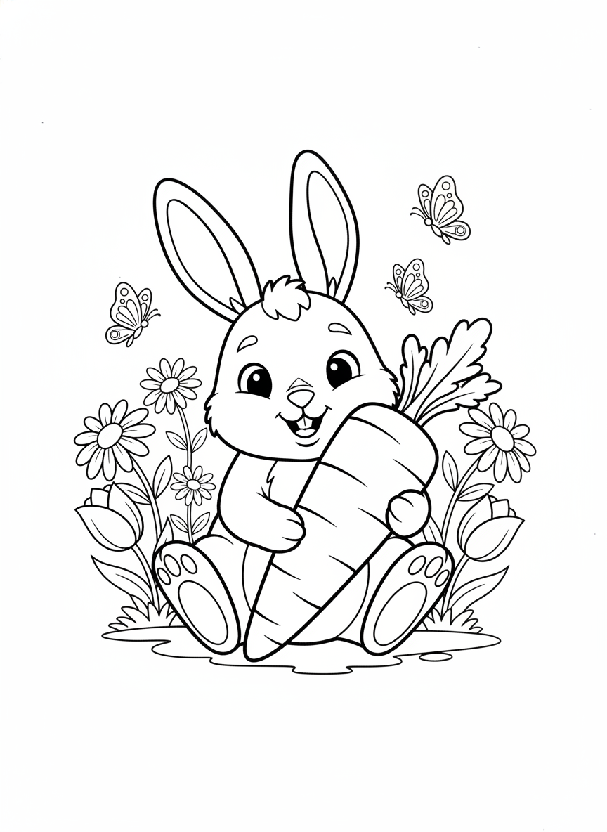 Cute Cartoon Rabbit with Carrot Coloring Page for Kids 5-8 - Rabbit Coloring Page featuring Cute and Kids - Free Printable Outline Drawing for Kids