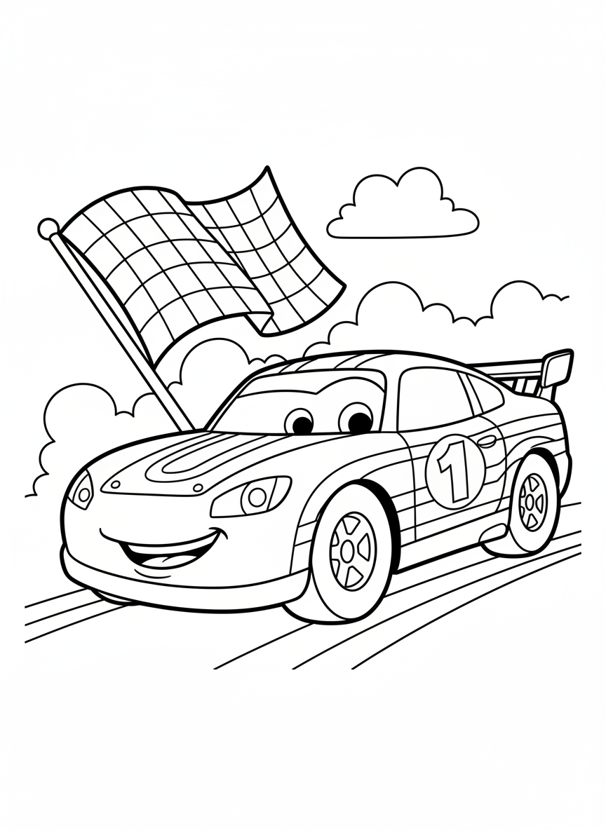 Cute Cartoon Race Car Coloring Page for Kids - Race Car Coloring Page featuring Cute Car and Race Theme - Free Printable Outline Drawing for Kids