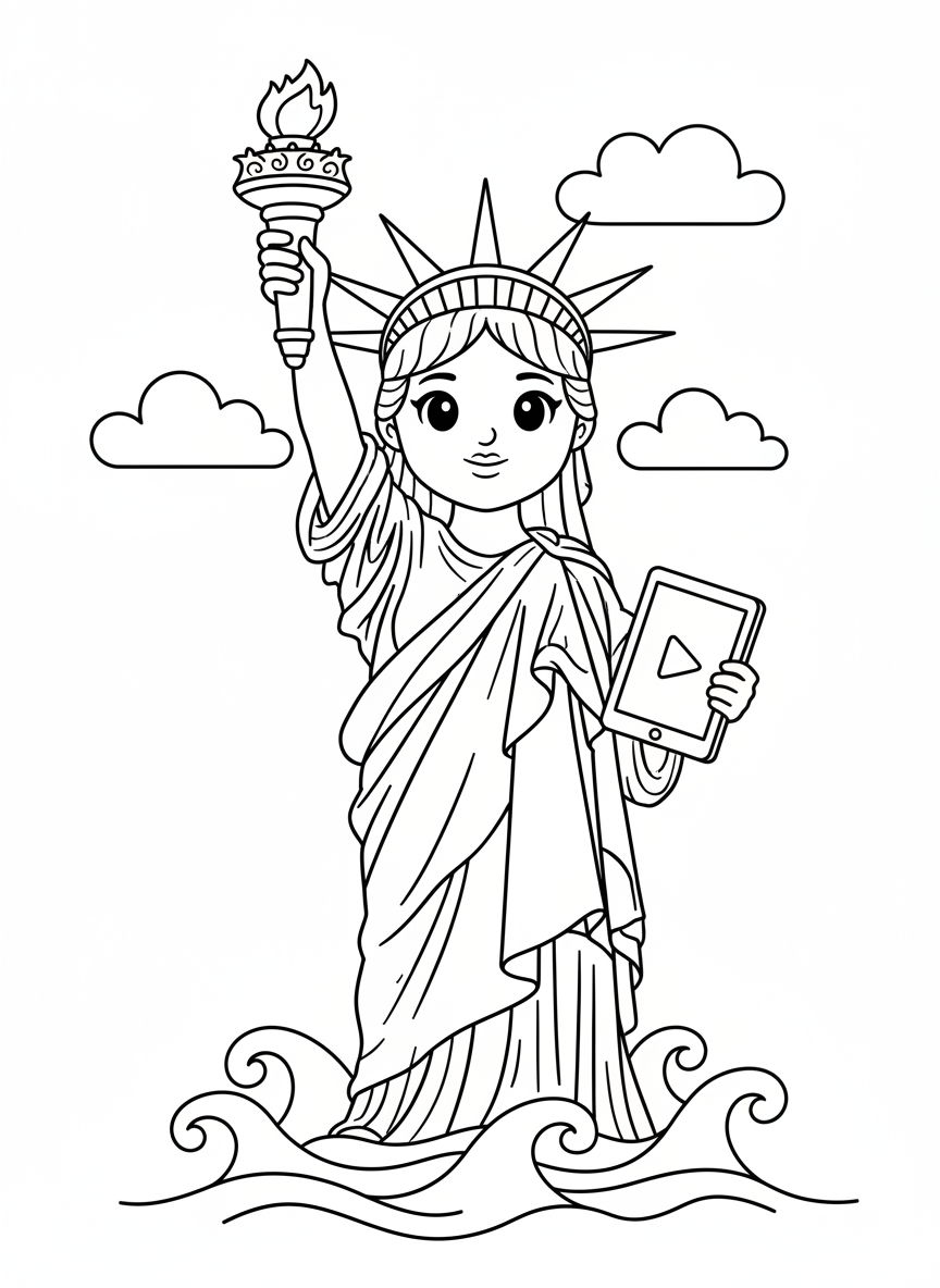Cute Cartoon Statue of Liberty Coloring Page for Kids - National Symbol Coloring Page featuring Cute and Children - Free Printable Outline Drawing for Kids