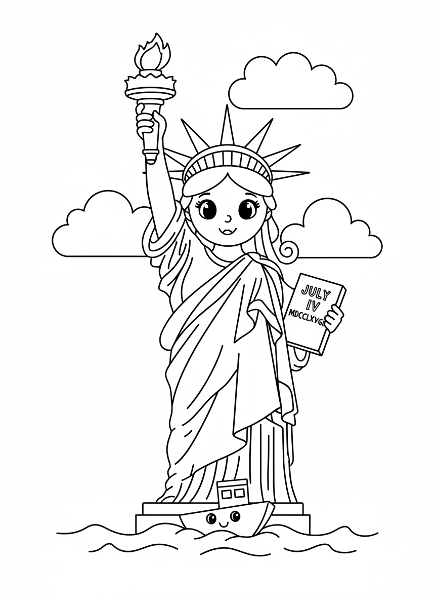 Cute Cartoon Statue of Liberty Kids Coloring Page - National Symbol Coloring Page featuring Statue of Liberty and National Monument - Free Printable Outline Drawing for Kids
