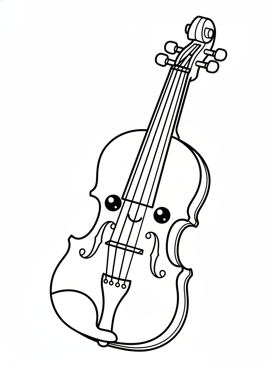 Cute Cartoon Violin Coloring Page for Young Kids - Musical Instrument Coloring Page featuring Kids and Violin - Free Printable Outline Drawing for Kids