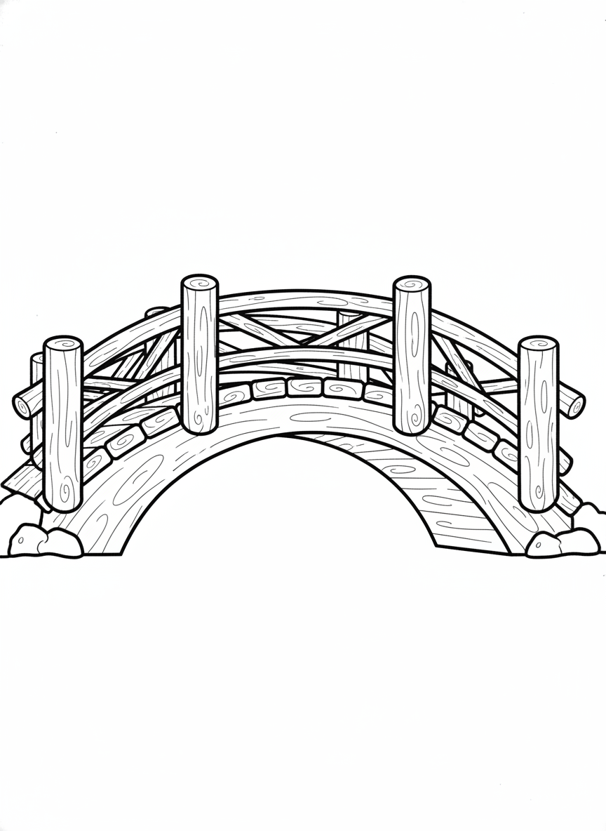 Cute Cartoon Wooden Bridge Coloring Page for Kids - Bridge Coloring Page featuring Nature and Children - Free Printable Outline Drawing for Kids
