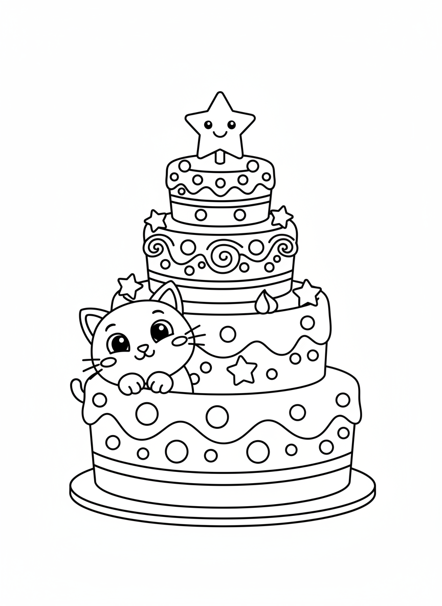 Cute Cat and Tiered Birthday Cake Coloring Page for Kids - Birthday Coloring Page featuring Kids and Celebration - Free Printable Outline Drawing for Kids