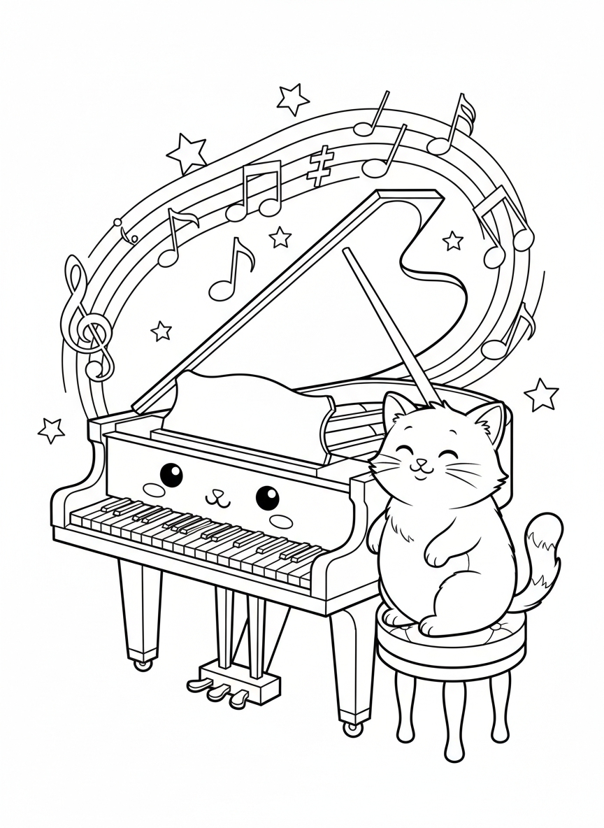Cute Cat Playing Piano: Easy Coloring Page for Kids 5-8 - Cat Coloring Page featuring Children and Cute - Free Printable Outline Drawing for Kids
