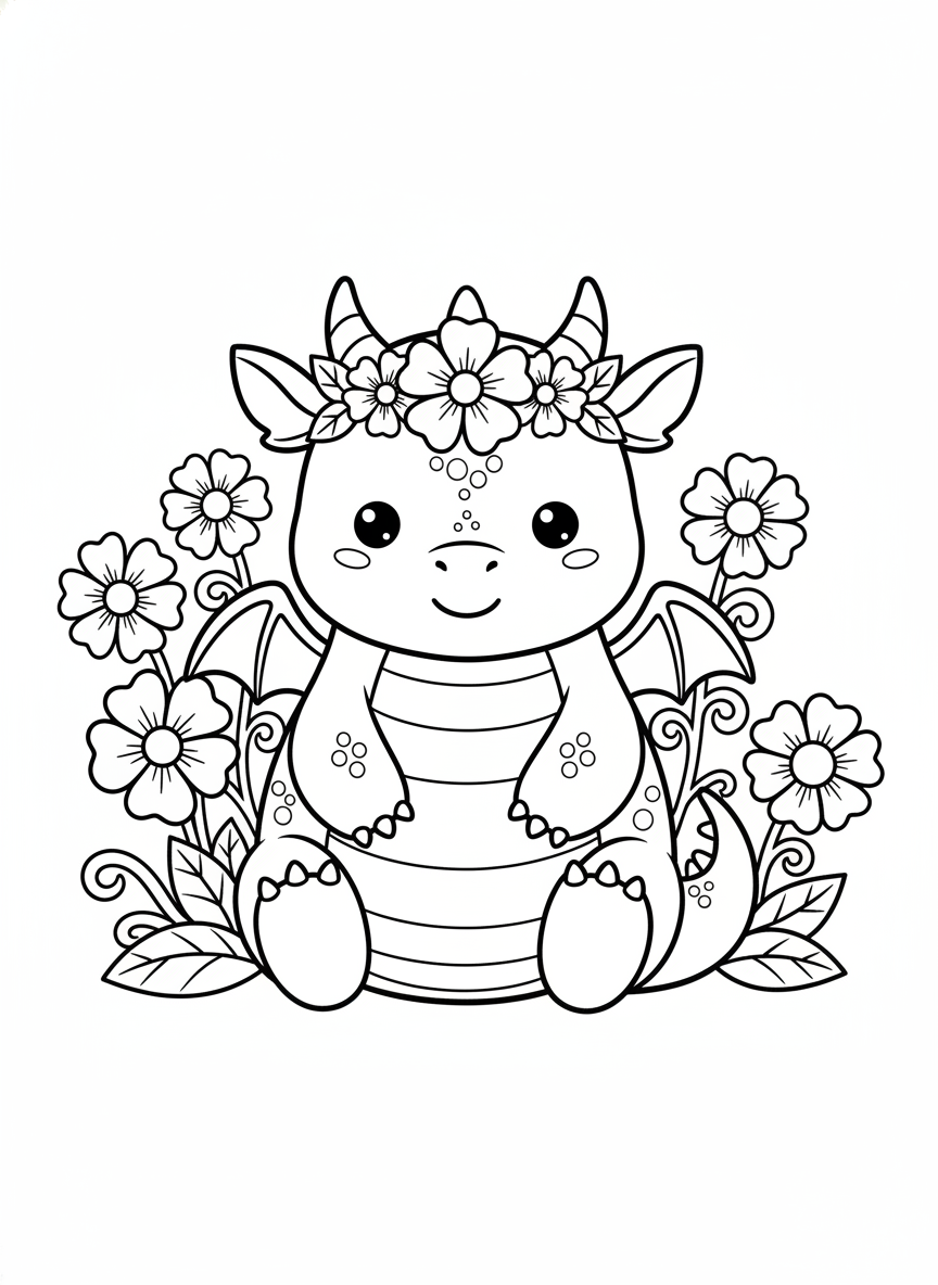 Cute Chibi Forest Dragon: Easy Kids Coloring Page - Dragon Coloring Page featuring Children and Cute - Free Printable Outline Drawing for Kids