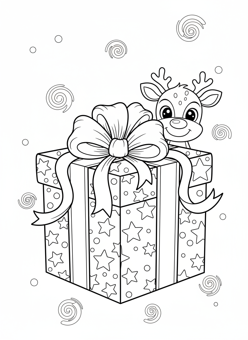 Cute Christmas Reindeer & Gift Coloring Page for Kids - Christmas Coloring Page featuring Reindeer and Christmas Gift - Free Printable Outline Drawing for Kids
