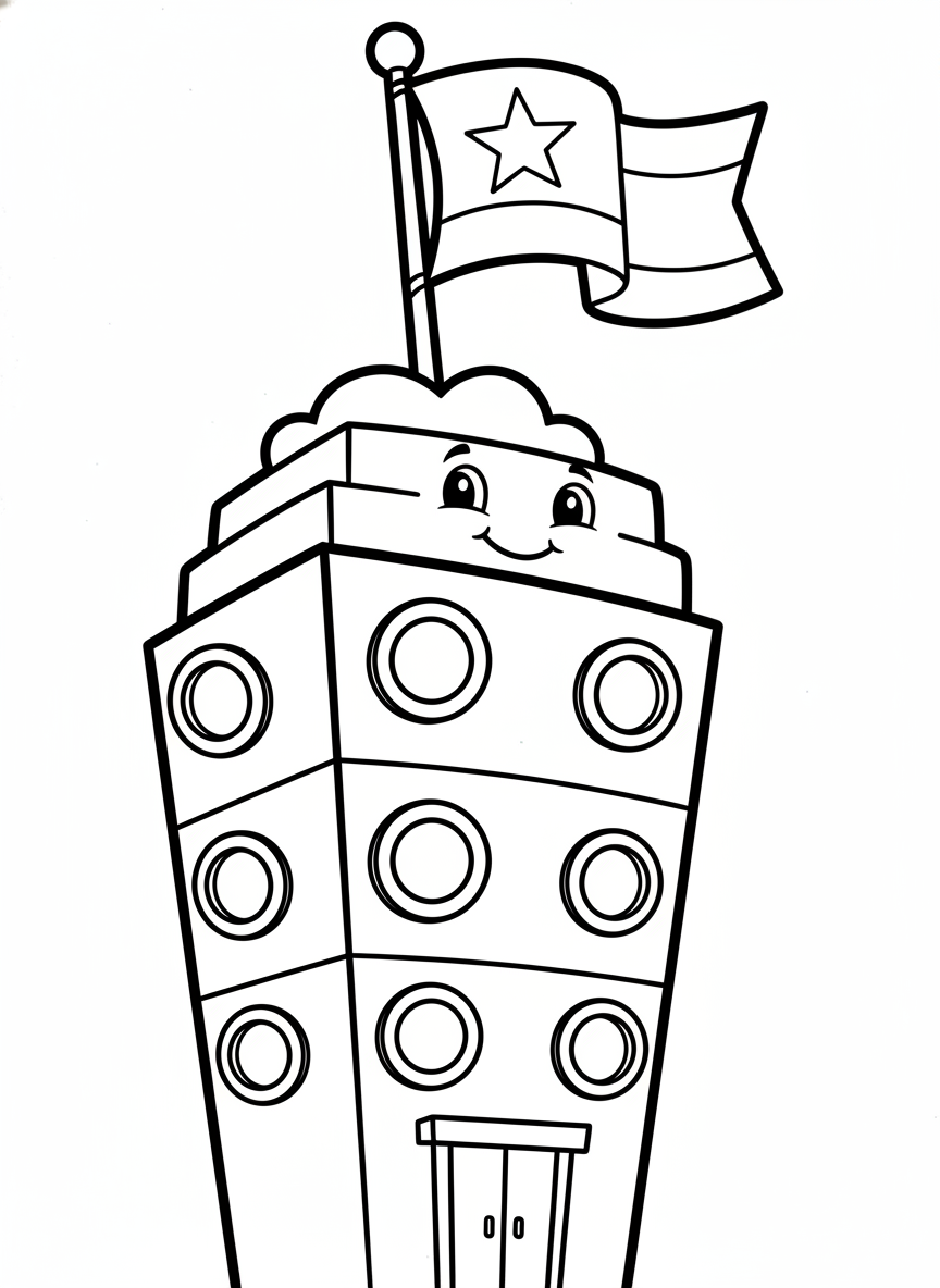 Cute City Building Coloring Page for Kids - Friendly Skyscraper Fun - Building & City Coloring Page featuring Children and Cute - Free Printable Outline Drawing for Kids