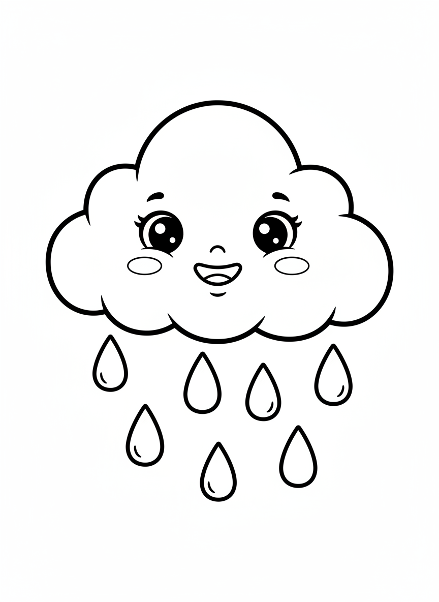 Cute Cloud and Raindrops Coloring Page for Kids - Cloud Coloring Page featuring Children and Cute - Free Printable Outline Drawing for Kids