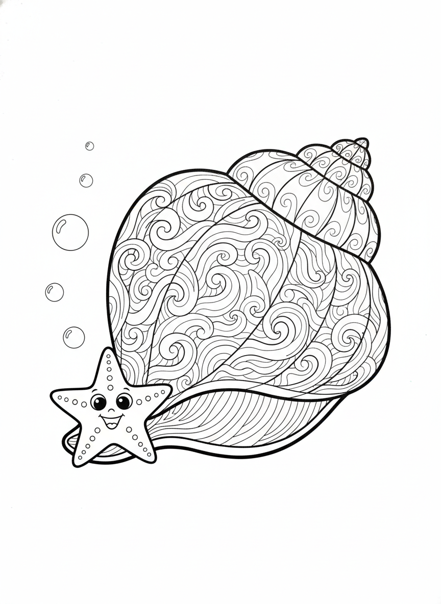 Cute Conch Shell and Starfish Coloring Page for Kids - Ocean Animal Coloring Page featuring Children and Cute - Free Printable Outline Drawing for Kids
