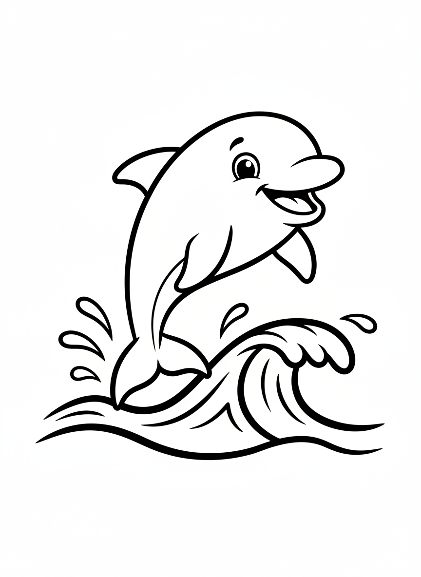 Cute Dolphin Jumping: Easy Kids Coloring Page - Ocean Animal Coloring Page featuring Ocean and Children - Free Printable Outline Drawing for Kids
