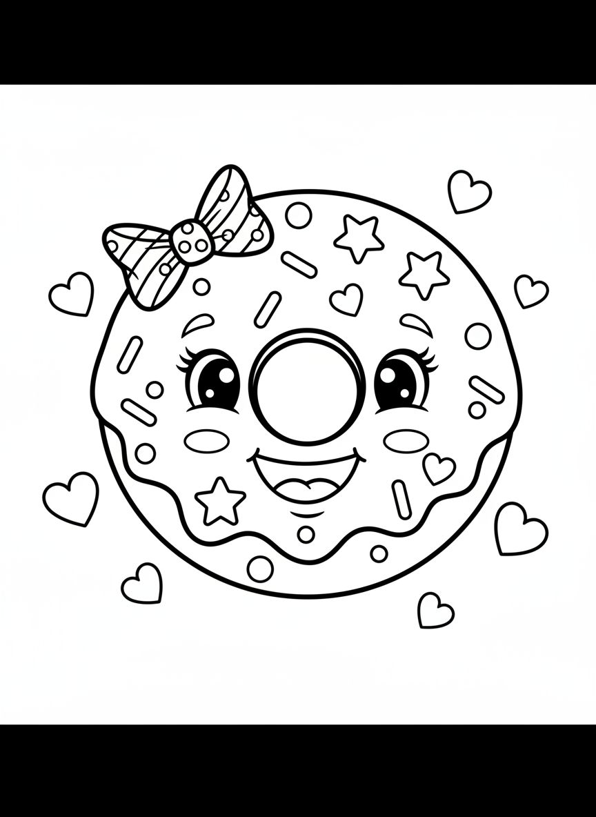 Cute Donut with Sprinkles Coloring Page for Kids - Dessert Donut Coloring Page featuring Happy and Children - Free Printable Outline Drawing for Kids