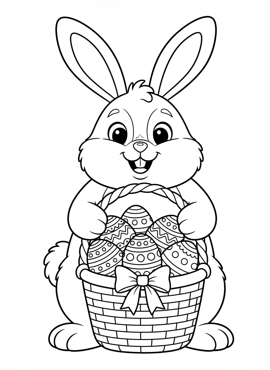 Cute Easter Bunny with Basket Coloring Page for Kids - Easter Coloring Page featuring Festive and Children - Free Printable Outline Drawing for Kids