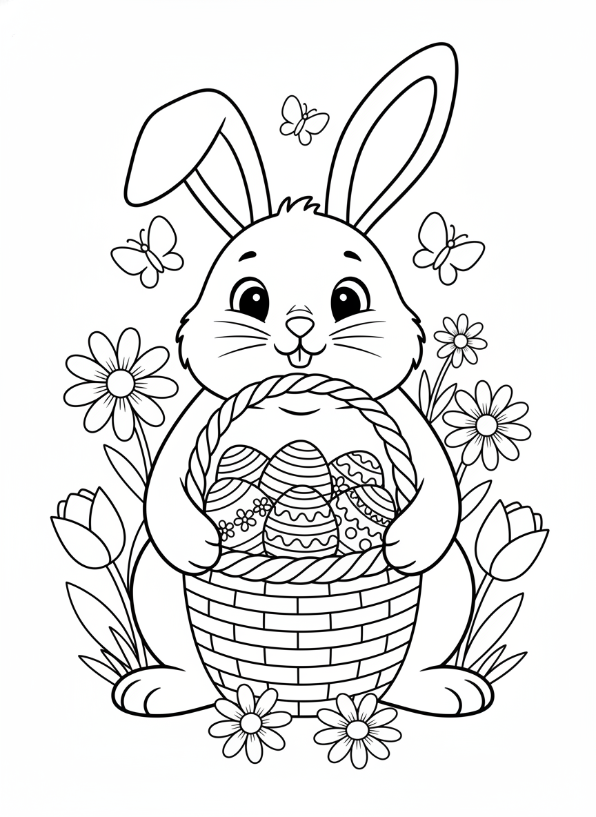 Cute Easter Bunny with Basket of Eggs Coloring Page for Kids - Easter Coloring Page featuring Festive and Children - Free Printable Outline Drawing for Kids