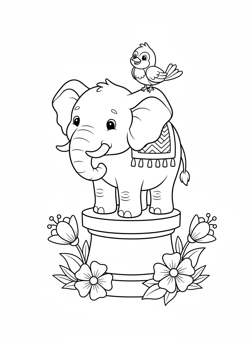 Cute Elephant & Bird on Pedestal Coloring Page for Kids - Elephant Coloring Page featuring Friendly and Children - Free Printable Outline Drawing for Kids