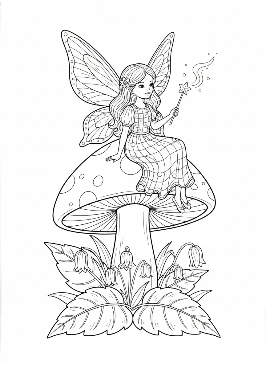 Cute Fairy on a Mushroom Coloring Page for Kids - Fairy Coloring Page featuring Children and Magic - Free Printable Outline Drawing for Kids