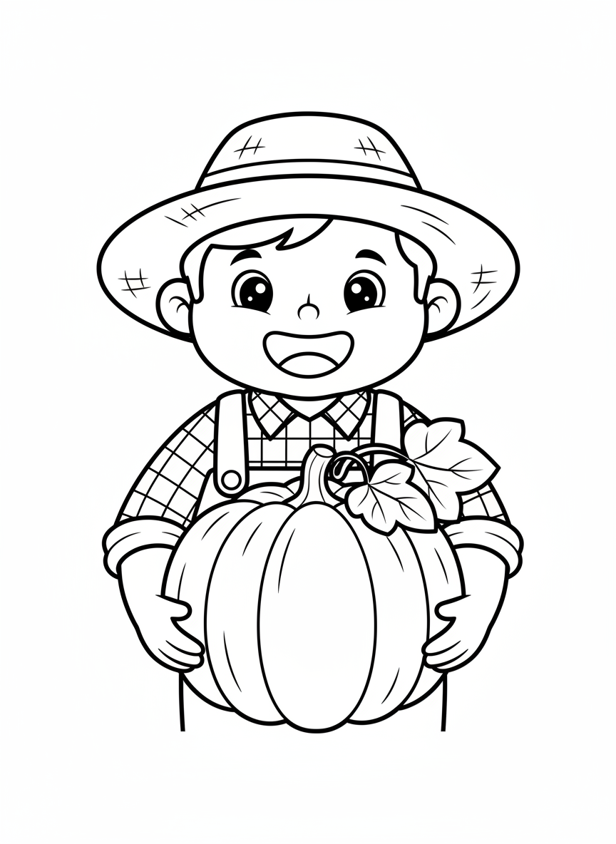 Cute Farmer with Pumpkin Coloring Page for Kids - Farmer Coloring Page featuring Easy to Color and Children - Free Printable Outline Drawing for Kids