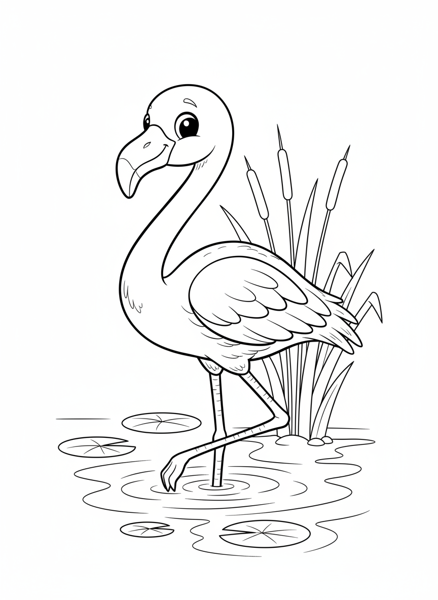 Cute Flamingo Fun: Easy Coloring Page for Kids - Bird Coloring Page featuring Nature and Children - Free Printable Outline Drawing for Kids