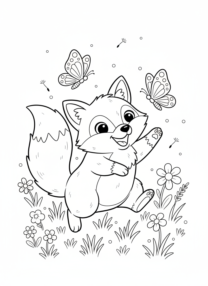 Cute Fox & Butterflies: Fun Kids Coloring Page - Fox Coloring Page featuring Easy and Nature - Free Printable Outline Drawing for Kids
