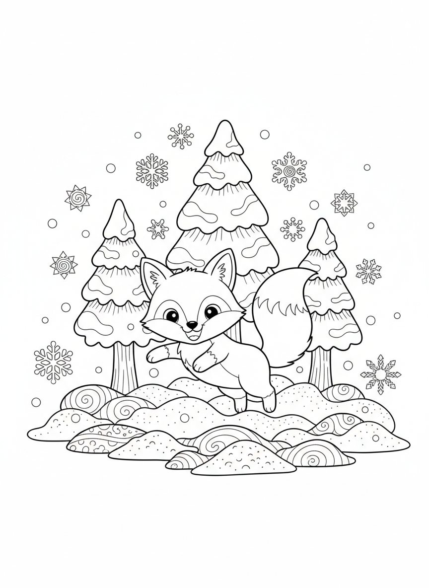 Cute Fox Cub in Snowy Forest Coloring Page - Fox Coloring Page featuring Children and Cute - Free Printable Outline Drawing for Kids