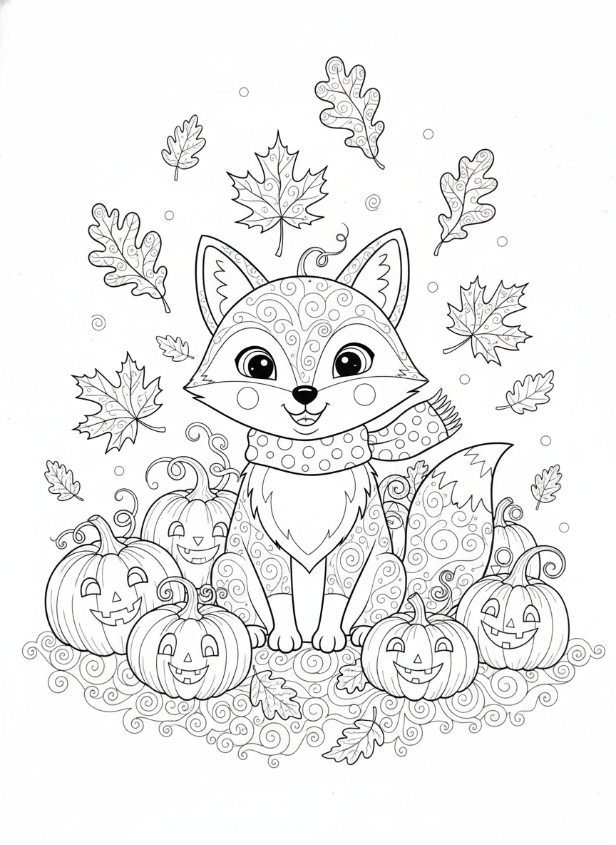 Raposa Fofa em Campo de Abóboras: Página para Colorir Infantil - Raposa Desenho para Colorir com Crianças e Fofo - Desenho de Contorno Grátis Imprimível