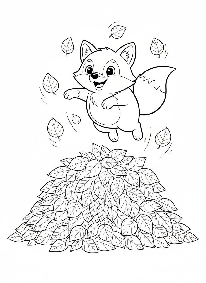 Renard Mignon Sautillant dans les Feuilles d'Automne - Renard Coloriage avec Enfants et Mignon - Dessin au Trait Gratuit Imprimable