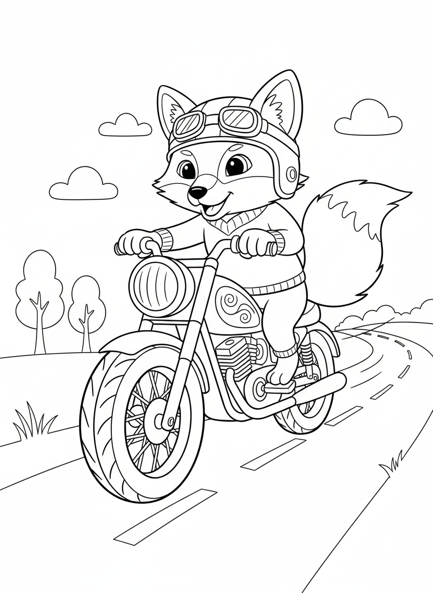 Süßer Fuchs auf Abenteuer-Motorrad Malvorlage für Kinder - Motorrad Malvorlage mit Leicht zu färben und Kinder - Kostenlose Druckbare Umrisszeichnung