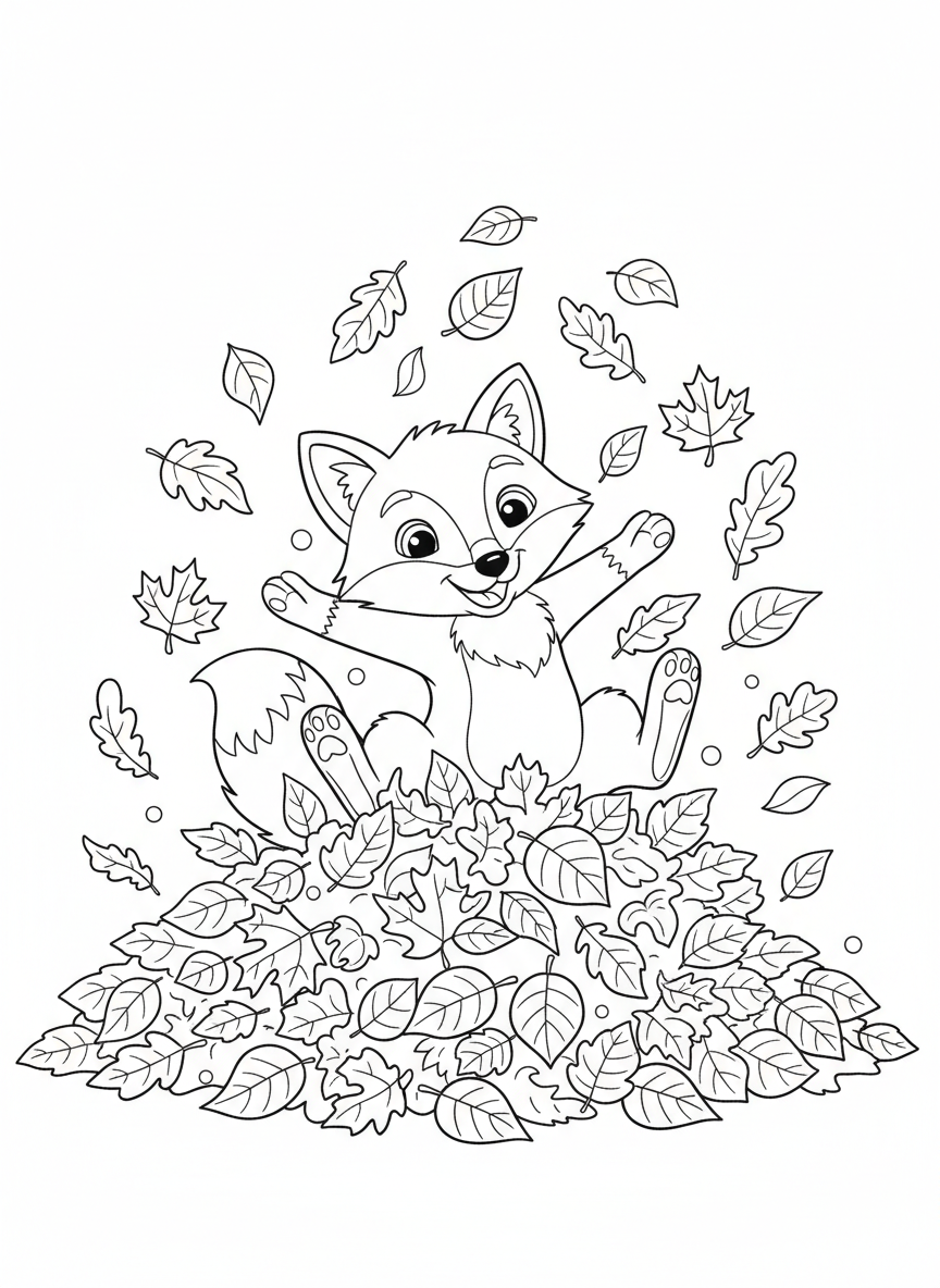 Raposa Fofa Brincando em Folhas de Outono Página de Colorir - Raposa Desenho para Colorir com Crianças e Fofo - Desenho de Contorno Grátis Imprimível