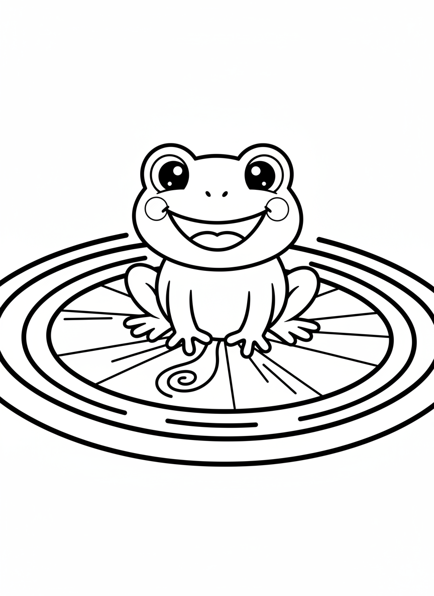 Cute Friendly Frog on Lily Pad Coloring Page for Kids - Frog Coloring Page featuring Easy to Color and Cute - Free Printable Outline Drawing for Kids