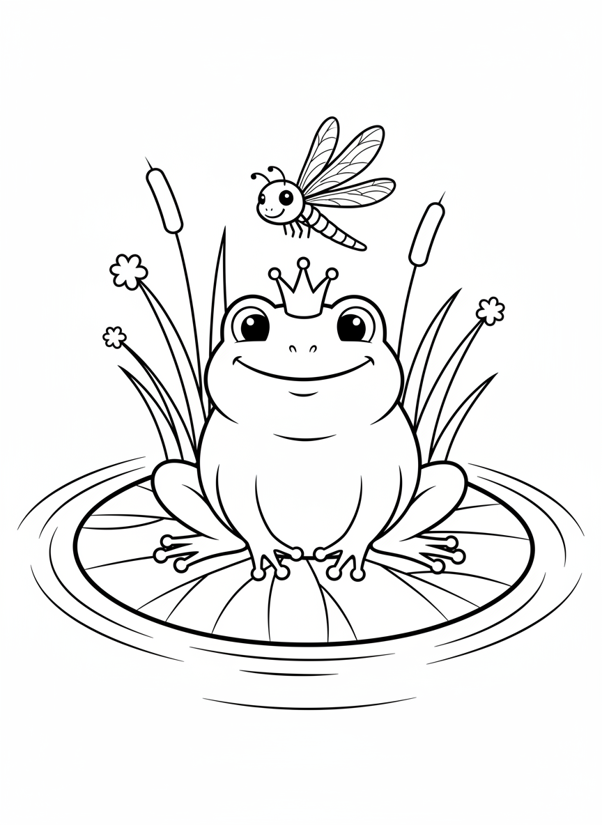 Cute Frog on Lily Pad Coloring Page for Kids - Frog Coloring Page featuring Nature and Children - Free Printable Outline Drawing for Kids