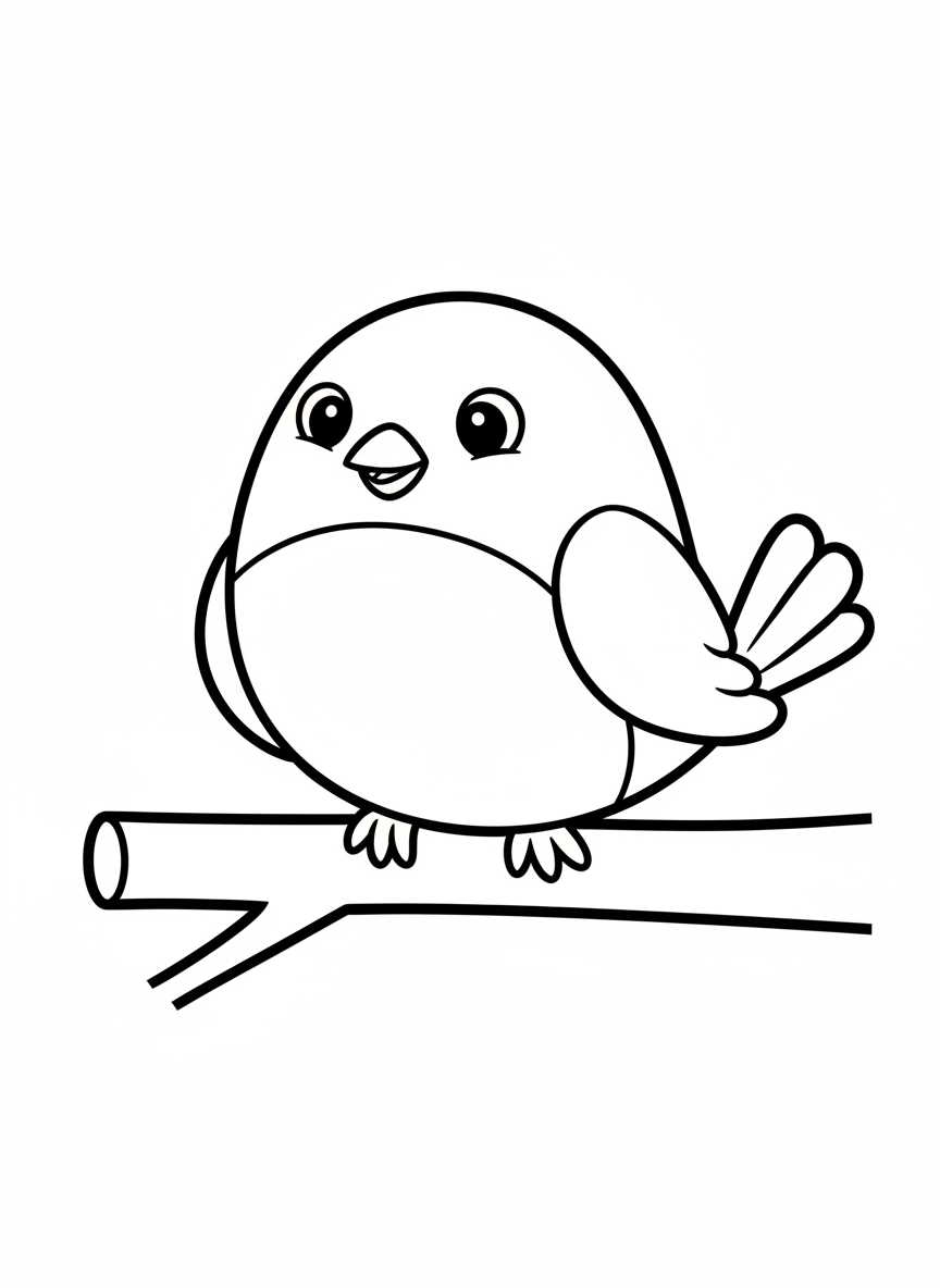 Lindo Pássaro Feliz no Galho para Colorir Crianças - Pássaro Desenho para Colorir com Feliz e Fácil de Colorir - Desenho de Contorno Grátis Imprimível