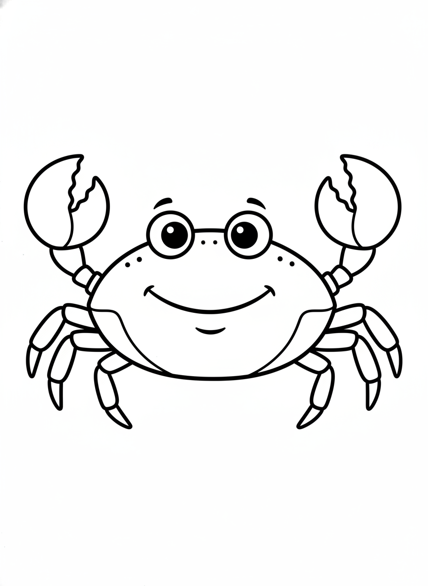 Cute Happy Cartoon Crab Coloring Page for Kids - Ocean Animal Coloring Page featuring Ocean and Children - Free Printable Outline Drawing for Kids