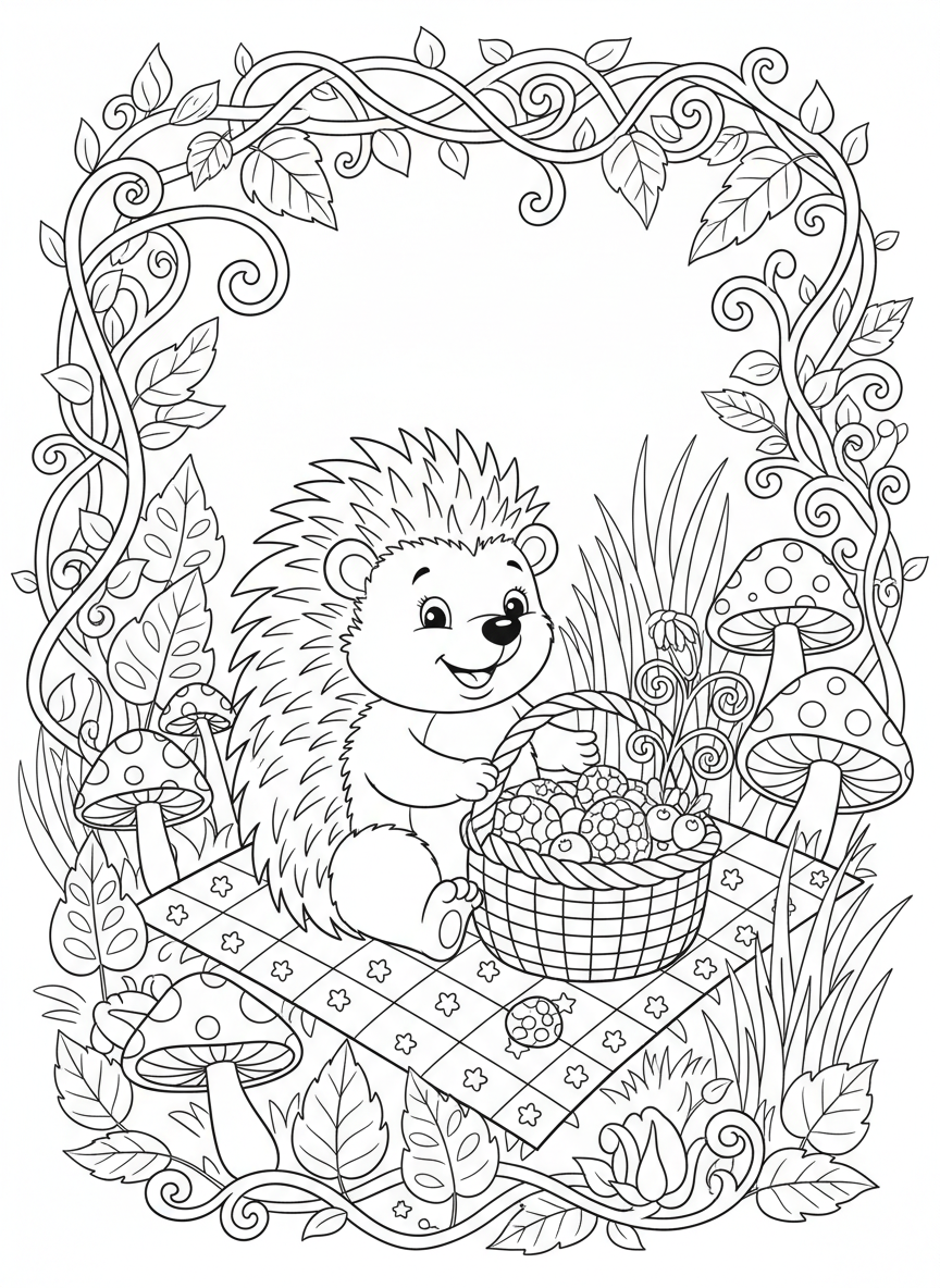 Cute Hedgehog Picnic in a Whimsical Forest: A Fun Coloring Page - Hedgehog Coloring Page featuring Picnic and Children - Free Printable Outline Drawing for Kids