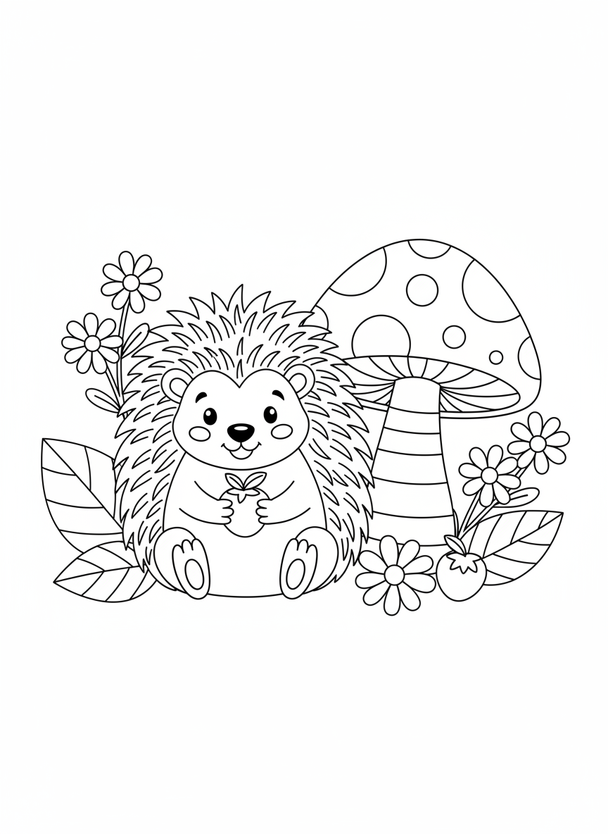 かわいいハリネズミとベニテングタケの子供向け塗り絵 - ハリネズミ ぬりえページ かわいいと子供 - 無料印刷可能な輪郭画