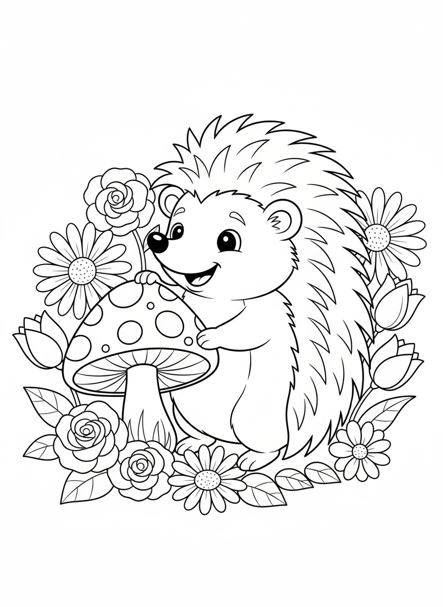 Cute Hedgehog's Whimsical Garden Adventure Coloring Page - Hedgehog Coloring Page featuring Cute and Garden - Free Printable Outline Drawing for Kids