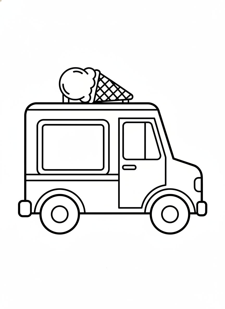 Cute Ice Cream Truck: Simple Coloring Page for Kids - Ice Cream Truck Coloring Page featuring Truck and Children - Free Printable Outline Drawing for Kids