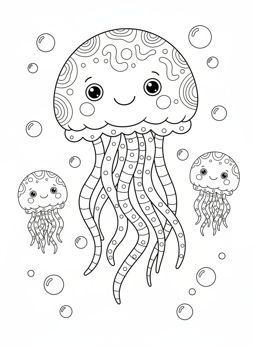 Cute Jellyfish Family Underwater Adventure Coloring Page for Kids - Ocean Animal Coloring Page featuring Ocean and Children - Free Printable Outline Drawing for Kids