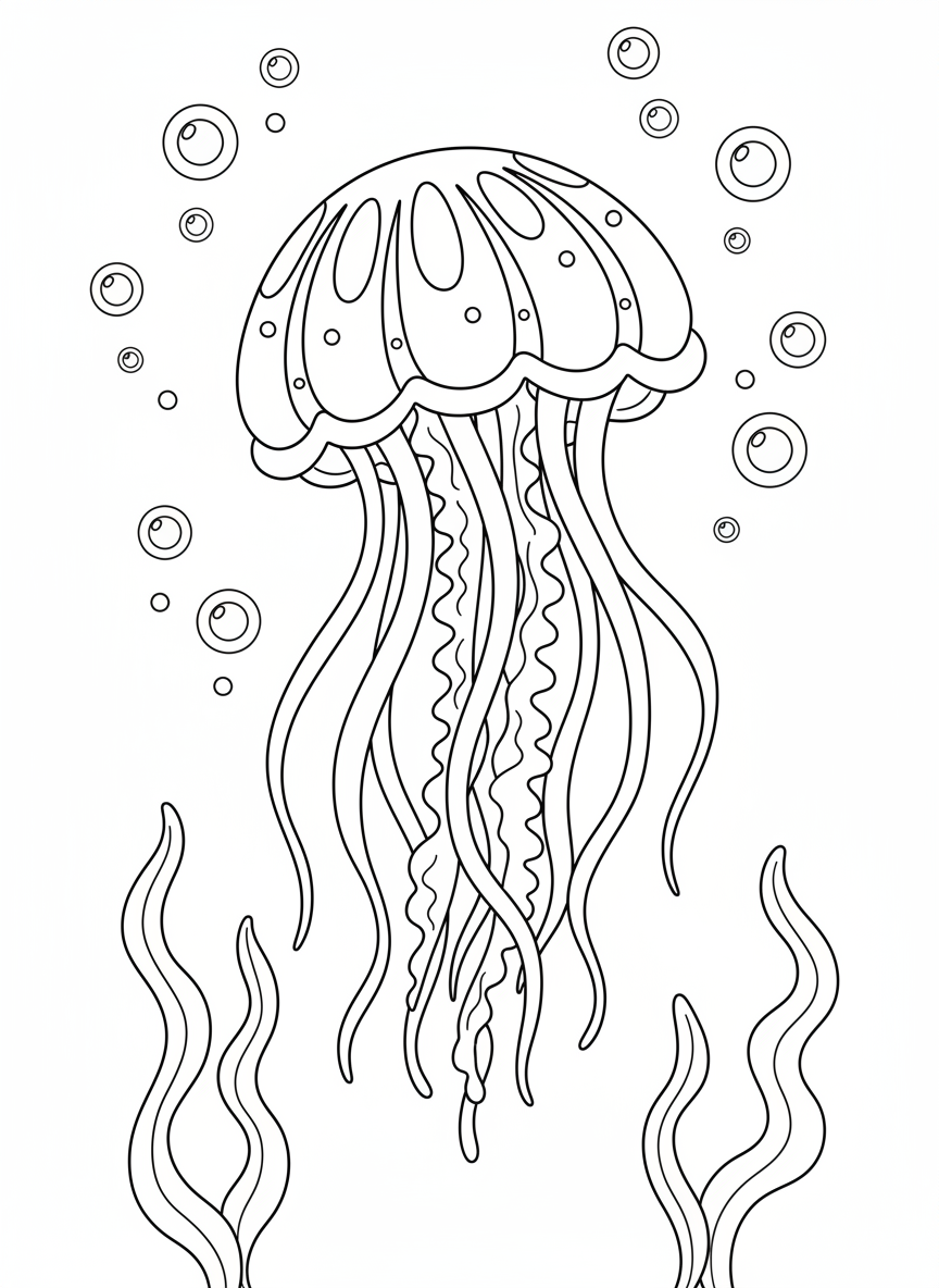 Cute Jellyfish Ocean Adventure Coloring Page for Kids - Ocean Animal Coloring Page featuring Ocean and Children - Free Printable Outline Drawing for Kids