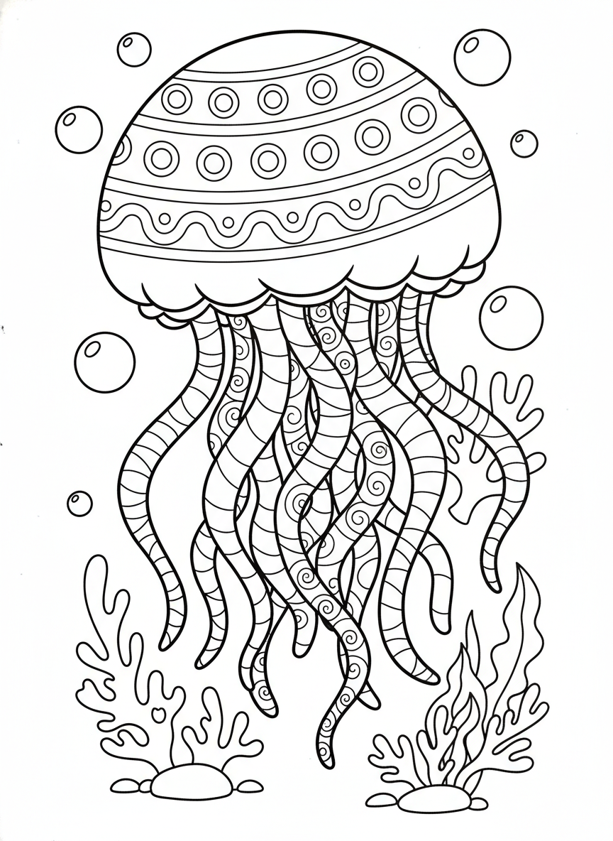 かわいいクラゲの水中探検ぬりえ - 海の動物 ぬりえページ 海とかわいい - 無料印刷可能な輪郭画