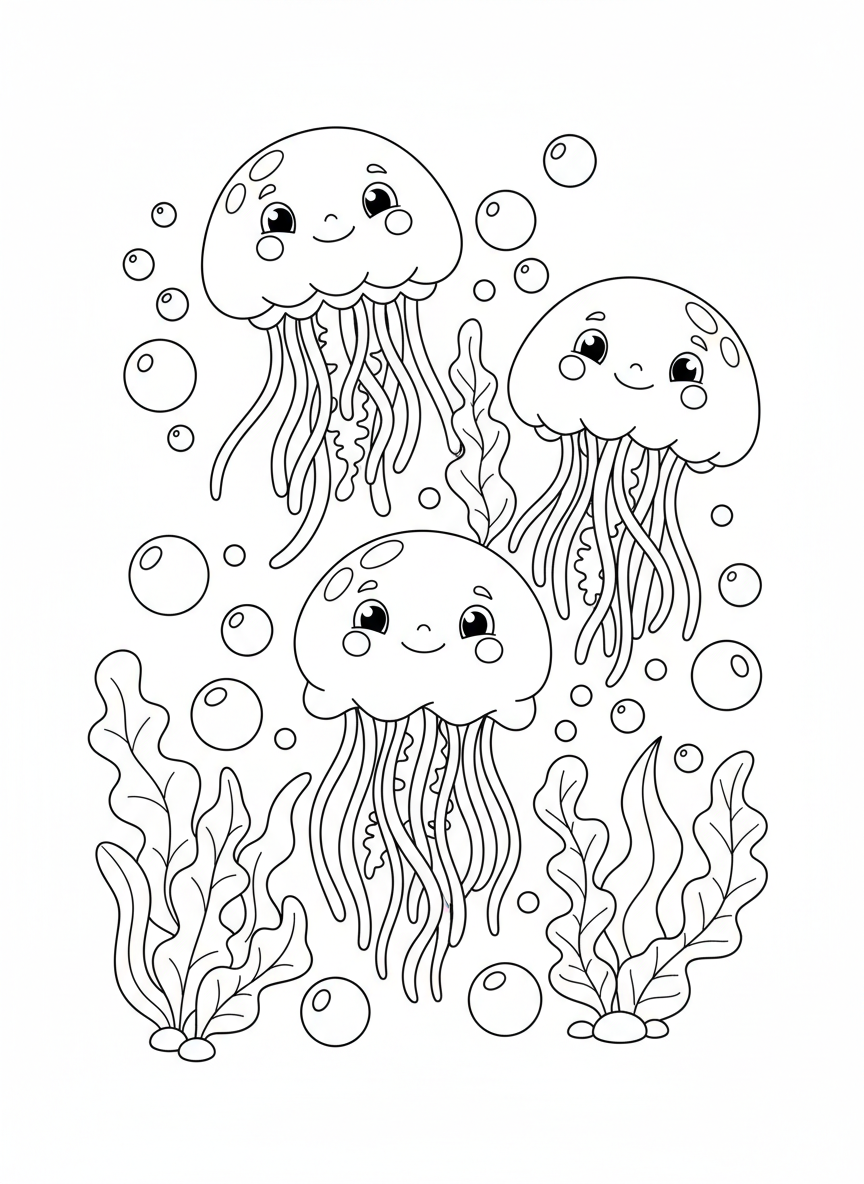 Cute Jellyfish Underwater Adventure Kids Coloring Page - Ocean Animal Coloring Page featuring Cute and Underwater - Free Printable Outline Drawing for Kids