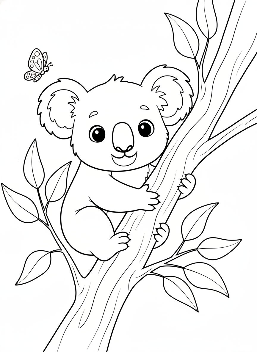 Cute Koala Hugging Eucalyptus Tree Coloring Page - Koala Coloring Page featuring Nature and Children - Free Printable Outline Drawing for Kids