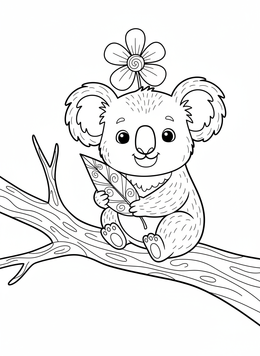 Cute Koala on Eucalyptus Branch Coloring Page for Kids - Koala Coloring Page featuring Children and Cute - Free Printable Outline Drawing for Kids
